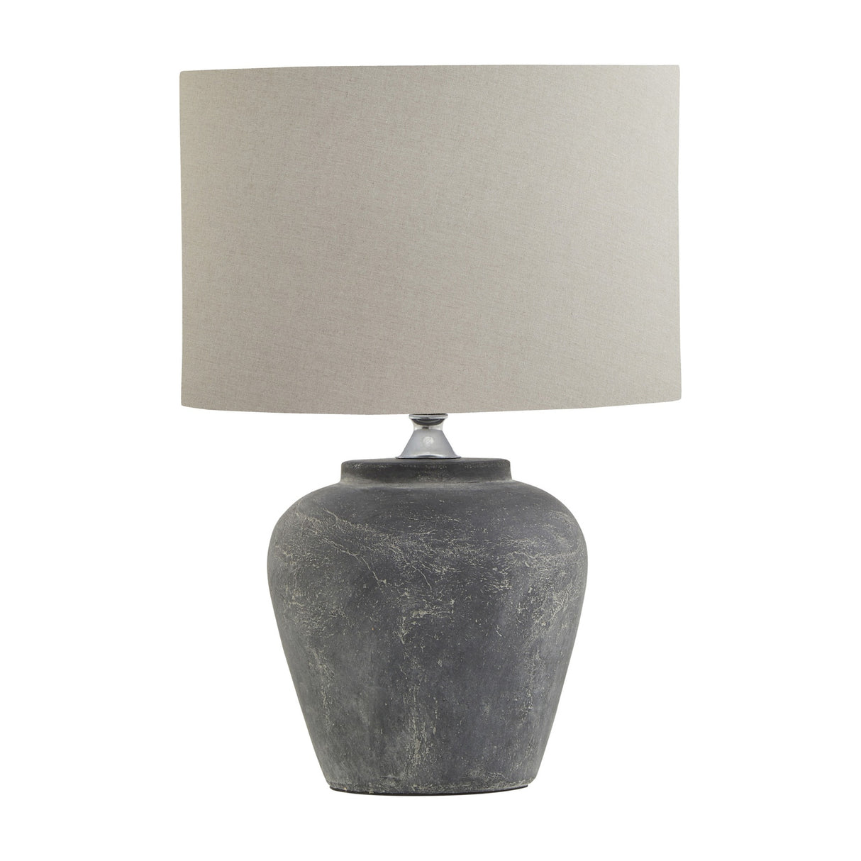 Hill Interiors Ferranock grey ceramic table lamp with rounded textured base and natural linen drum shade, shown on a plain white background.