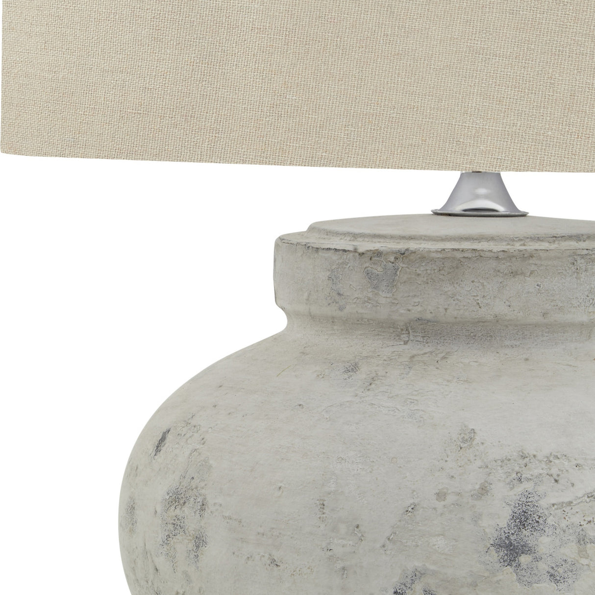 Close-up of Hill Interiors Merenza squat ceramic table lamp base in antique white glaze with textured finish, topped by a natural linen shade.