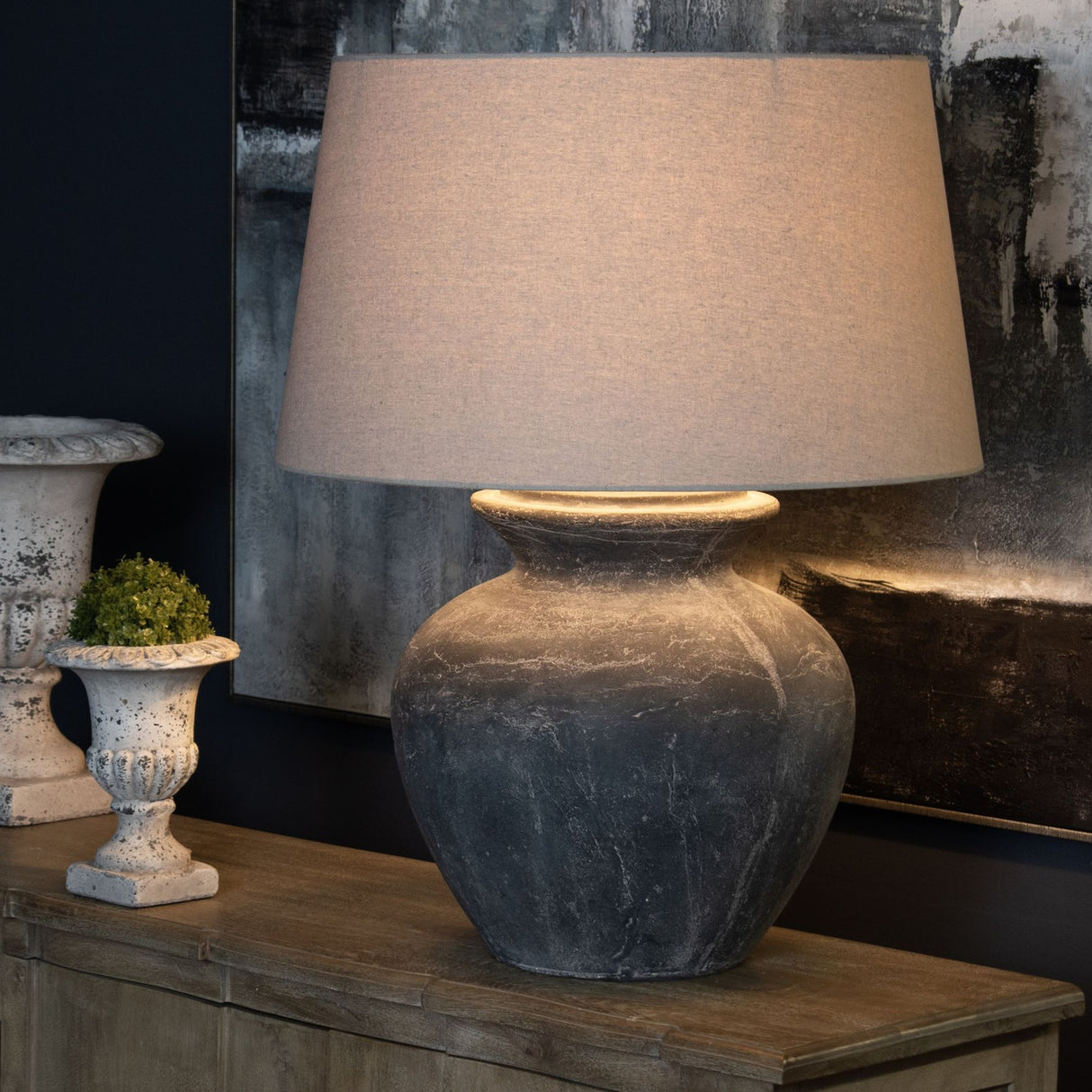 Ferranock Round Ceramic Table Lamp with Linen Shade – Grey