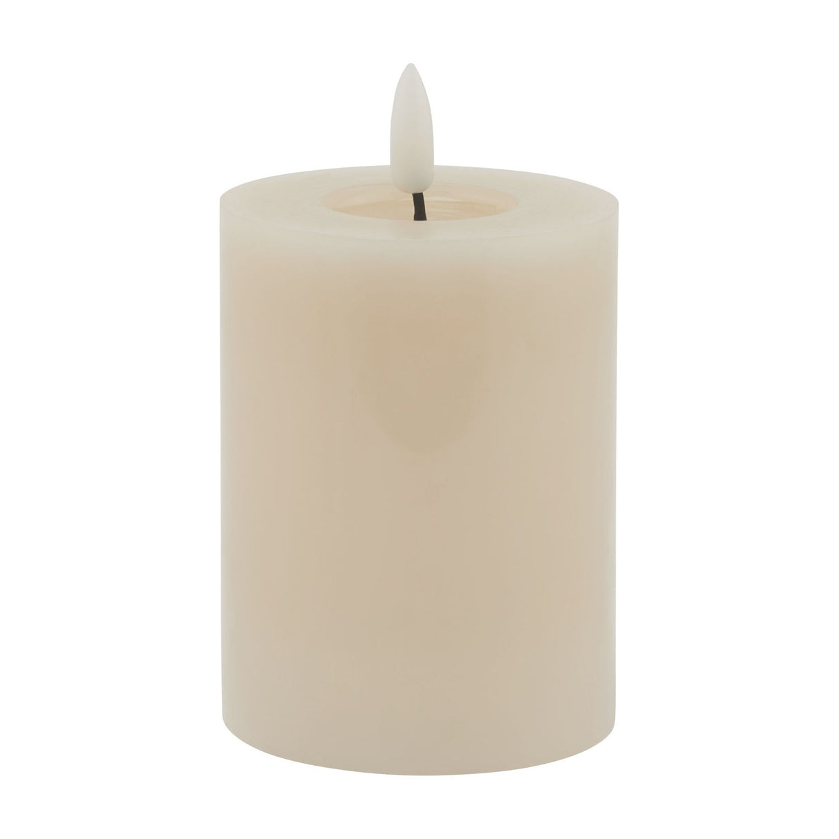 Hill Interiors Melt Effect LED Wax Candle in beige, a small pillar candle with a moulded melted top and flame-shaped LED tip, on a white background.