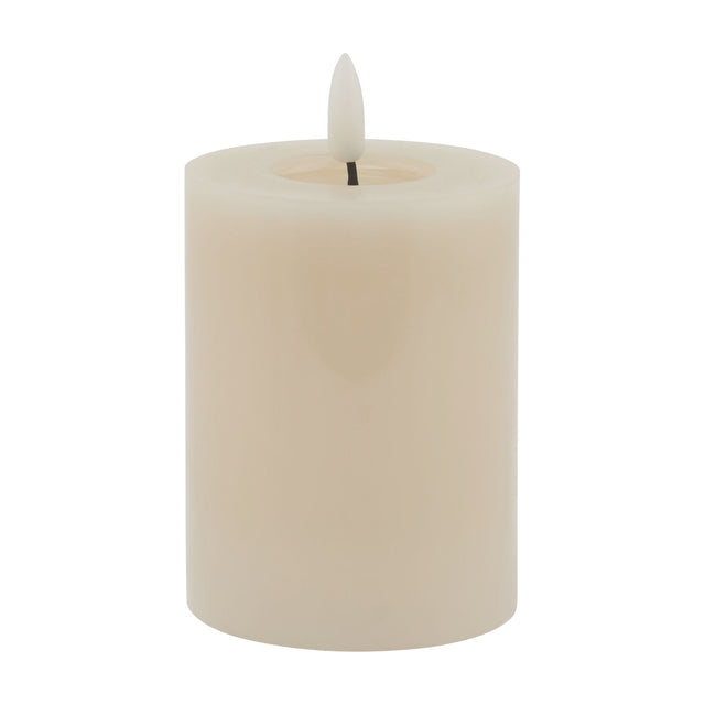Hill Interiors Melt Effect LED Wax Candle in beige, a small pillar candle with a moulded melted top and flame-shaped LED tip, on a white background.