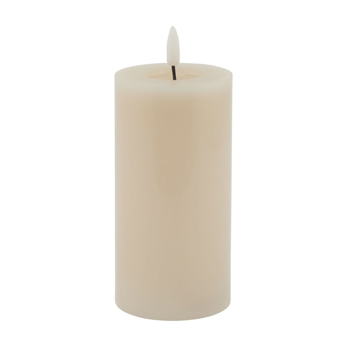 Hill Interiors Melt Effect LED wax pillar candle in beige with a moulded flame tip, shown against a plain white background.