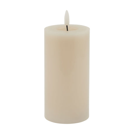Hill Interiors Melt Effect LED wax pillar candle in beige with a moulded flame tip, shown against a plain white background.
