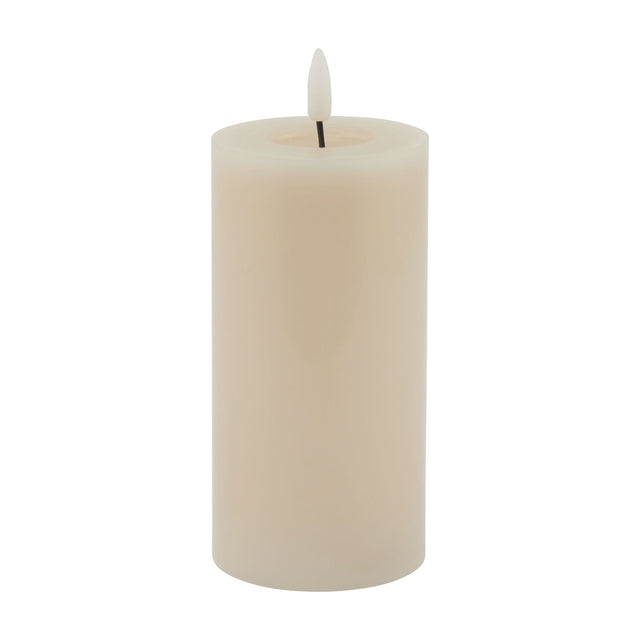 Hill Interiors Melt Effect LED wax pillar candle in beige with a moulded flame tip, shown against a plain white background.