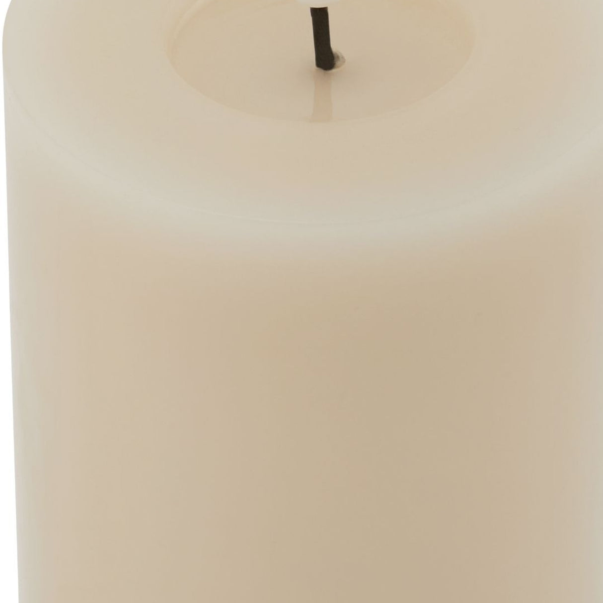 Close-up of the Hill Interiors Melt Effect LED Wax Pillar Candle in beige, showing the genuine wax body and moulded melt pool around the central LED wick.