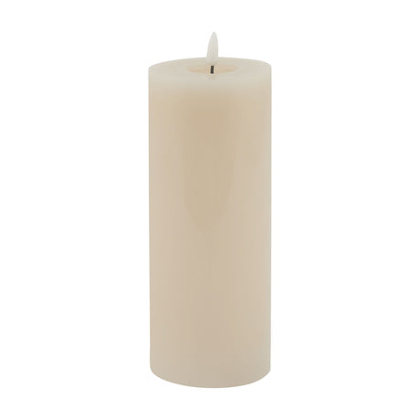 Hill Interiors Melt Effect LED wax pillar candle in beige with a realistic flickering flame tip and softly melted top edge, shown on a plain white background.