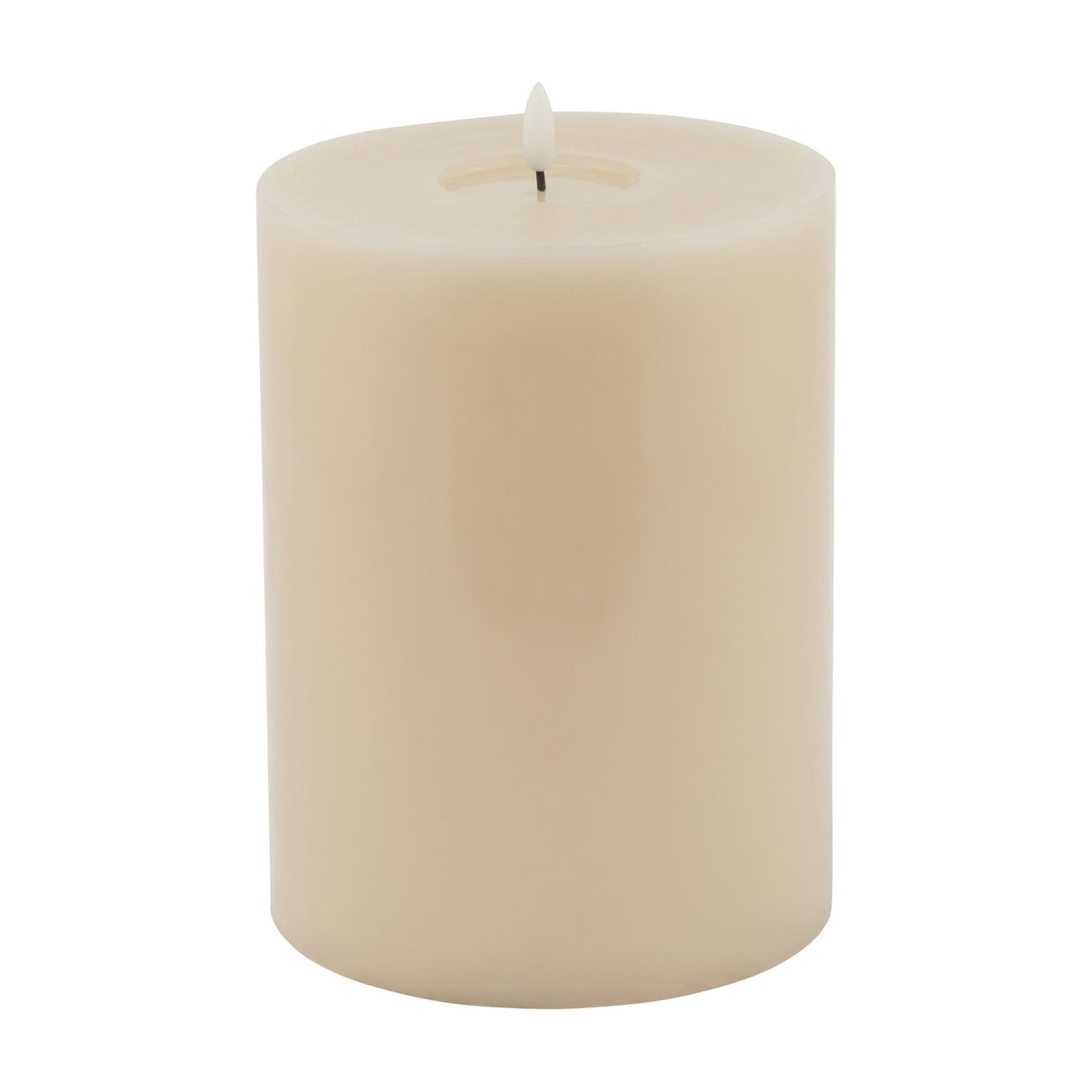 Hill Interiors Melt Effect LED Wax Candle in beige, a flameless pillar candle with a melted top and LED flame tip, shown on a plain background.