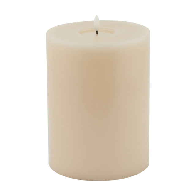Hill Interiors Melt Effect LED Wax Candle in beige, a flameless pillar candle with a melted top and LED flame tip, shown on a plain background.