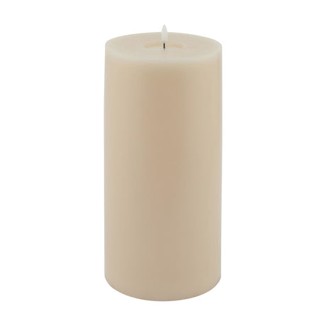 Hill Interiors Melt Effect LED pillar wax candle in beige with a melt-effect top and flickering LED flame, shown against a plain white background.
