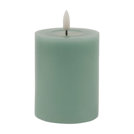 Hill Interiors Melt Effect LED Wax Pillar Candle in sage green with a moulded drip top and flickering LED flame, shown on a plain white background.