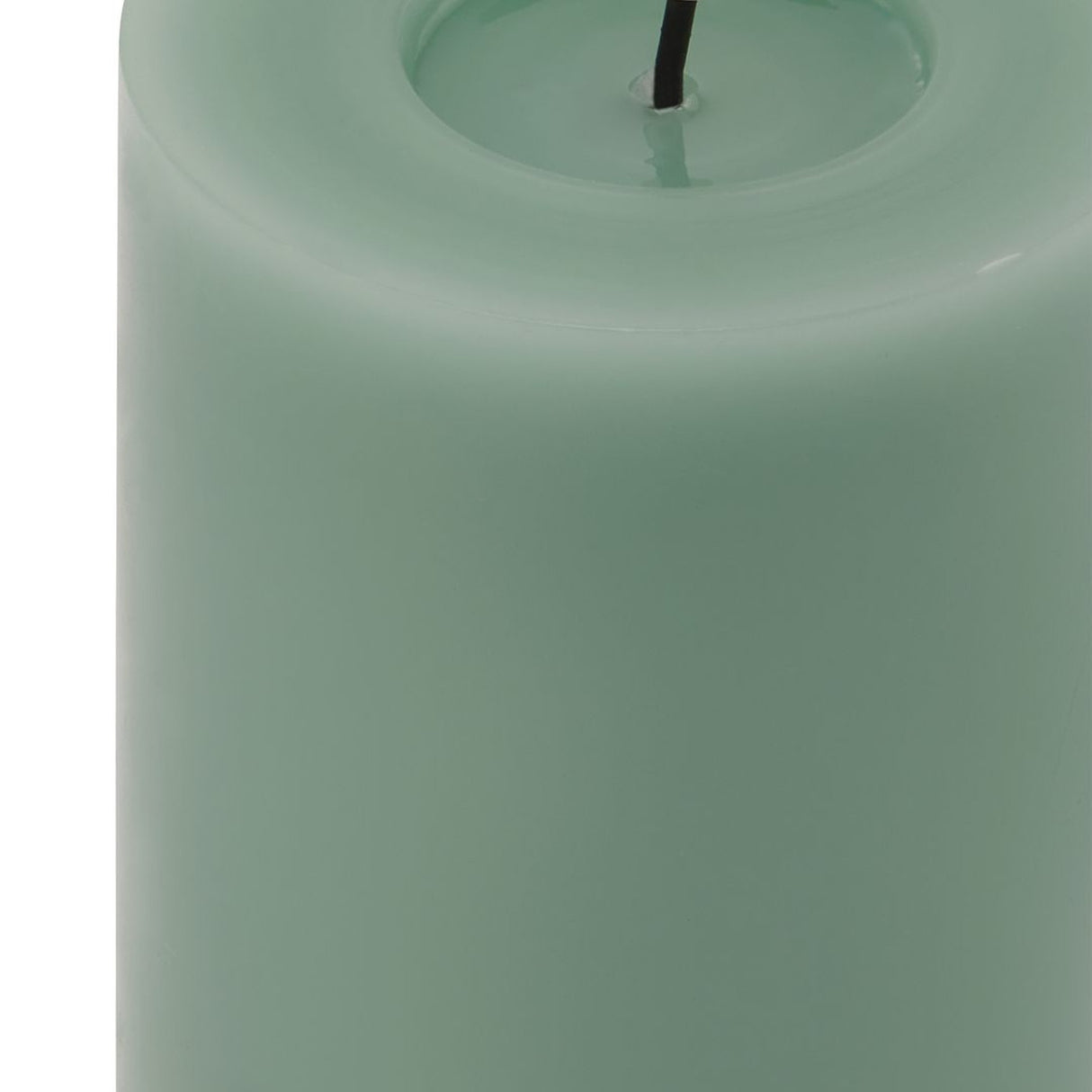 Close-up of the Hill Interiors Melt Effect LED Wax Pillar Candle in sage green, showing the hollowed melt-effect top with black wick and smooth wax sides.