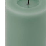 Close-up of the Hill Interiors Melt Effect LED Wax Pillar Candle in sage green, showing the hollowed melt-effect top with black wick and smooth wax sides.