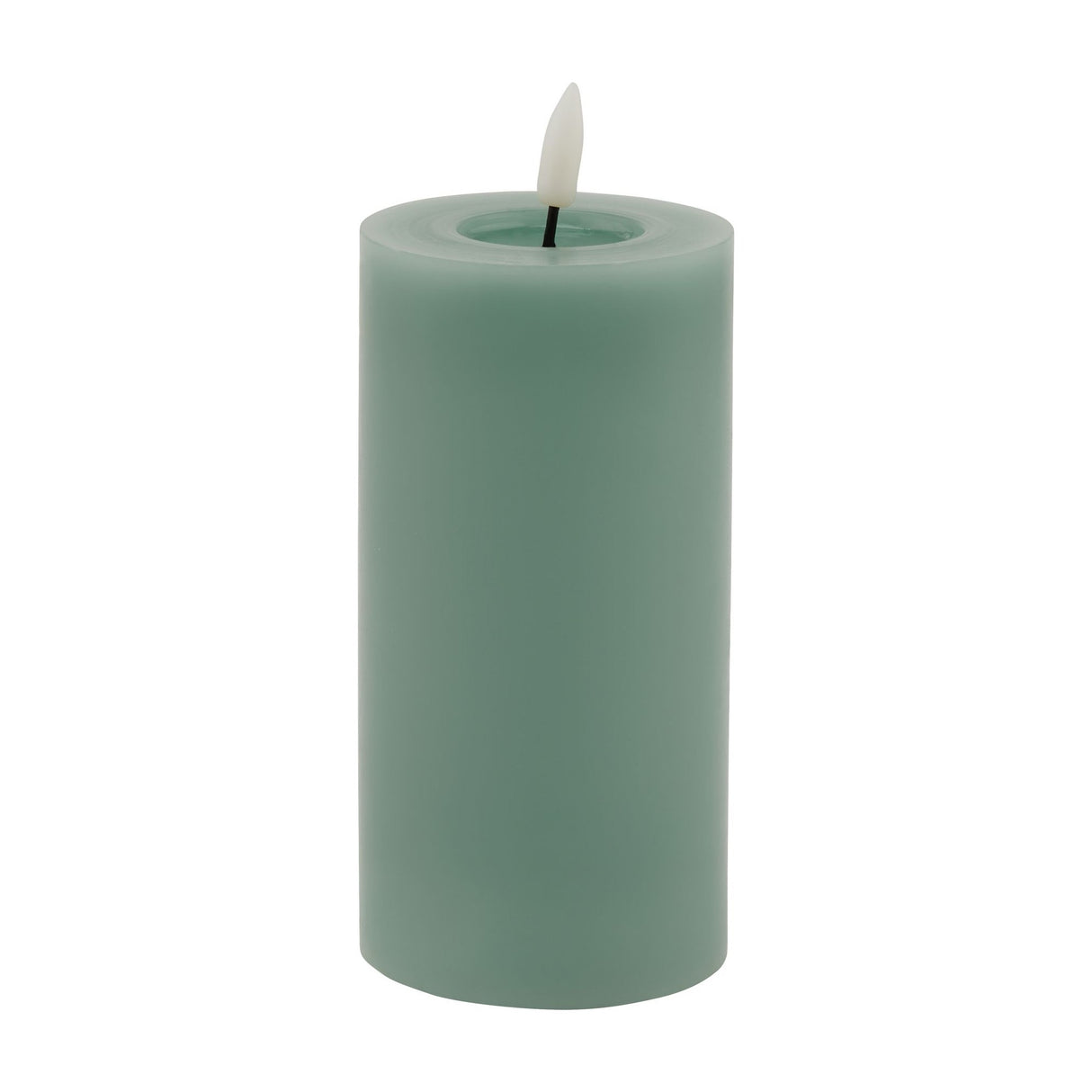 Hill Interiors Melt Effect LED wax pillar candle in sage green with a hollowed rim and flickering flame-shaped LED tip, shown on a white background.
