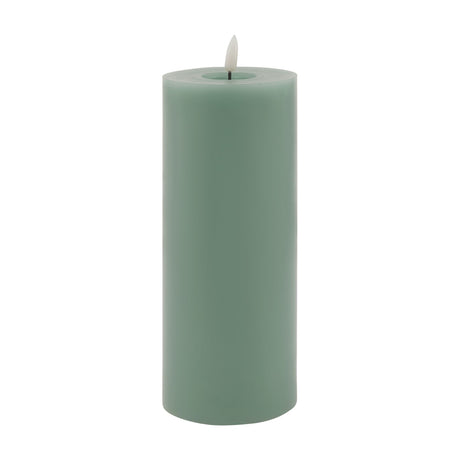 Hill Interiors Melt Effect LED Wax Pillar Candle in sage green with a realistic flickering LED flame and pooled wax top, shown on a plain white background.