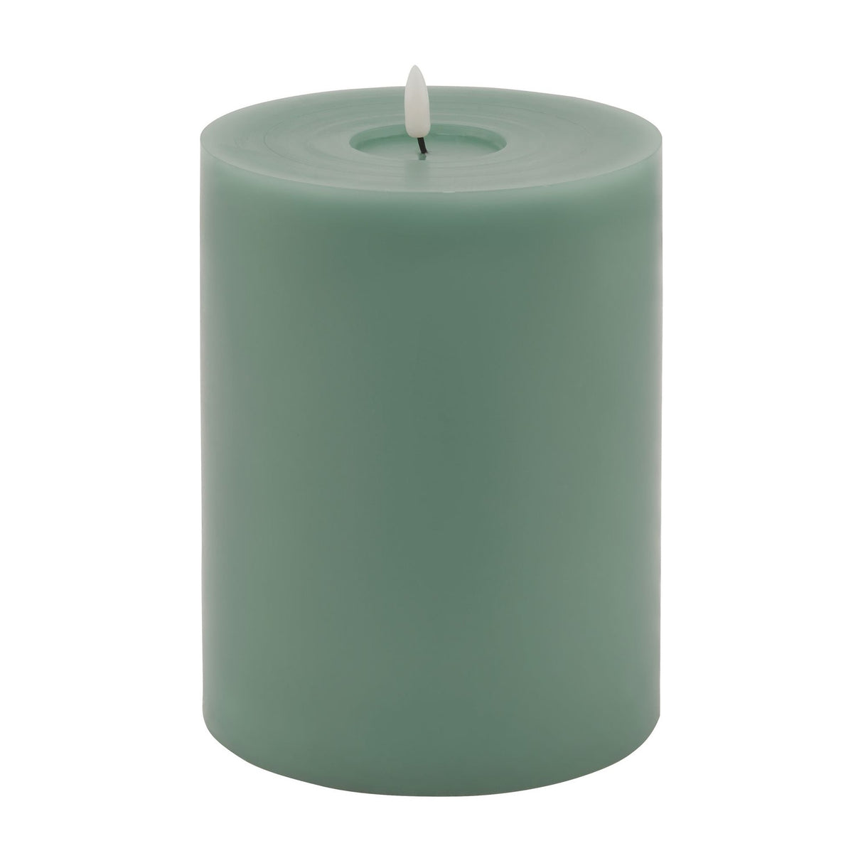 Hill Interiors Melt Effect LED wax pillar candle in muted green with flickering flame tip and softly uneven top, shown on a plain white background.