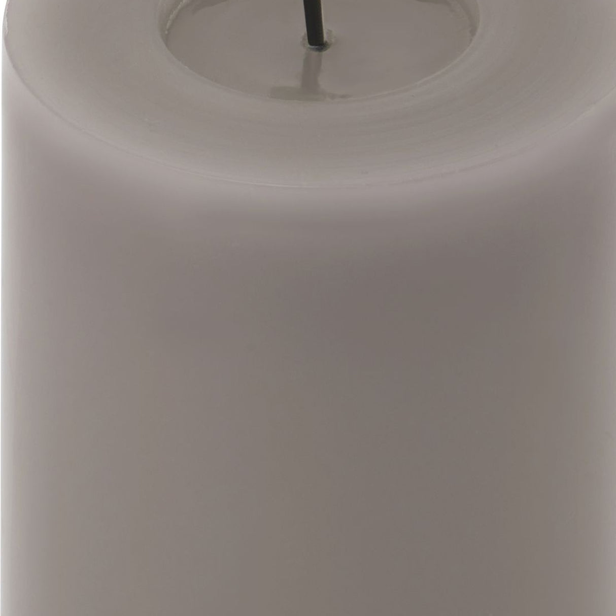 Close-up of Hill Interiors Melt Effect LED wax pillar candle in muted grey, showing the moulded pooled-wax top edge and smooth cylindrical body.