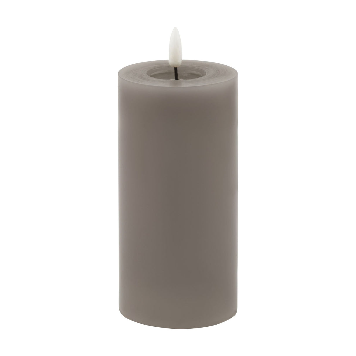 Hill Interiors Melt Effect LED Wax Pillar Candle in grey with a moulded pooled-wax top and realistic flame-shaped LED tip, shown on a white background.