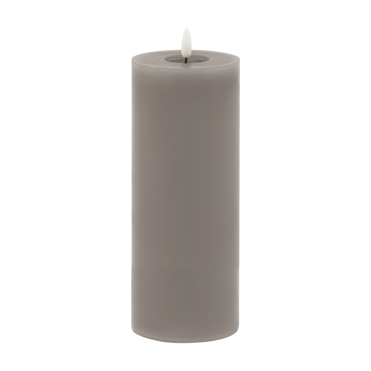 Hill Interiors Melt Effect LED wax pillar candle in grey with a realistic flickering flame and pooled wax top, shown on a plain white background.