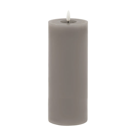 Hill Interiors Melt Effect LED wax pillar candle in grey with a realistic flickering flame and pooled wax top, shown on a plain white background.