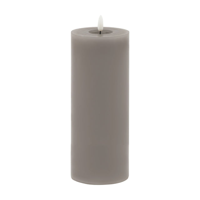 Hill Interiors Melt Effect LED wax pillar candle in grey with a realistic flickering flame and pooled wax top, shown on a plain white background.