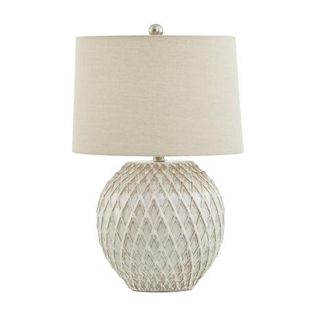 Hill Interiors Lattice Ceramic Table Lamp in white with raised diamond texture and natural linen drum shade, shown on a plain background.