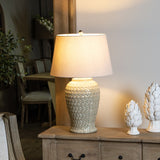 Woven Ceramic Table Lamp with Linen Shade – Cream