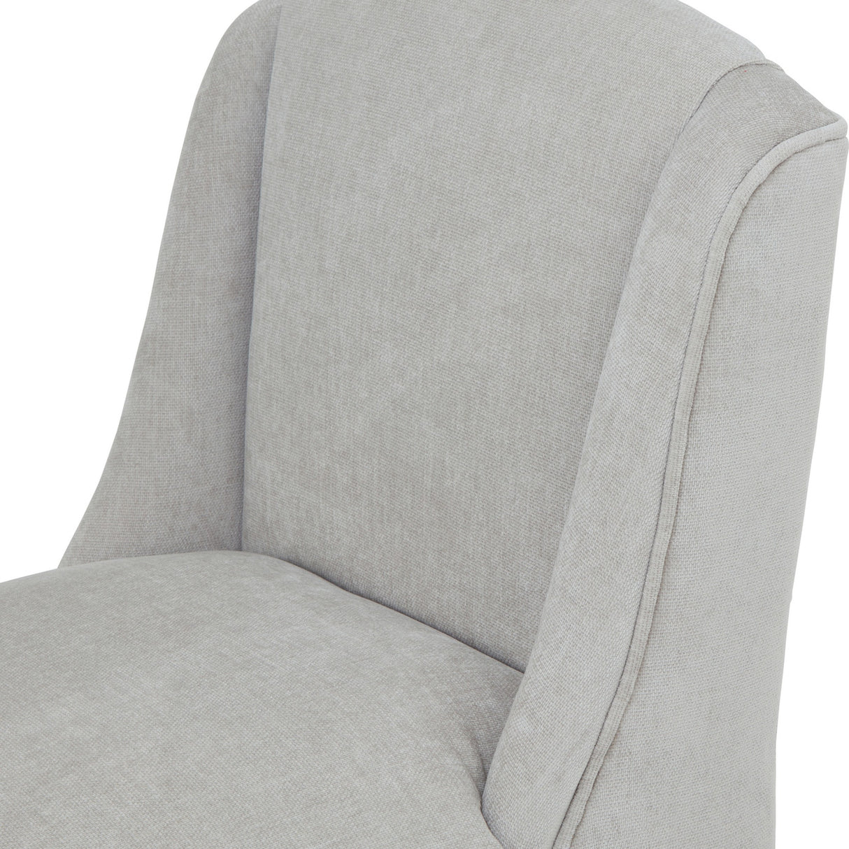 Close-up of the Hill Interiors Braxdon wooden bar stool showing its grey upholstered seat, curved back and piped side detail on a plain background.