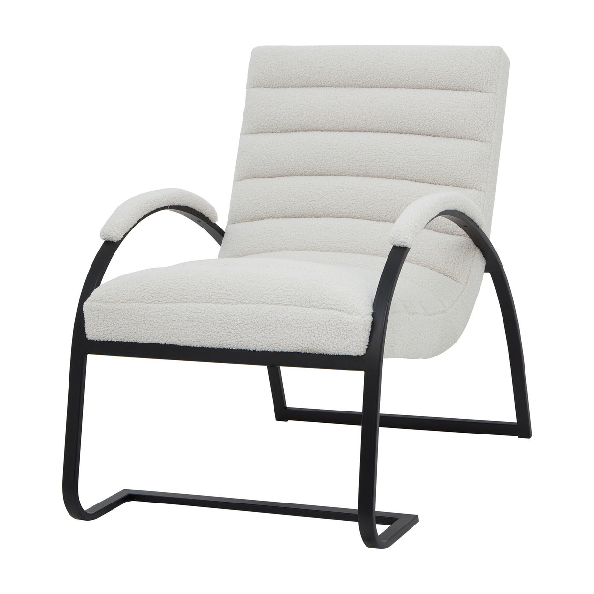 Hill Interiors Ribbed Ark accent chair in cream bouclé upholstery with ribbed seat and back, curved black metal frame and arms, on a white background.