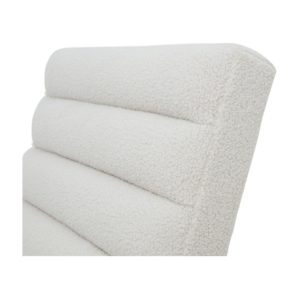 Close-up of the Hill Interiors Ribbed Ark Accent Chair showing the ribbed cream bouclé upholstery across the angled backrest on a white background.