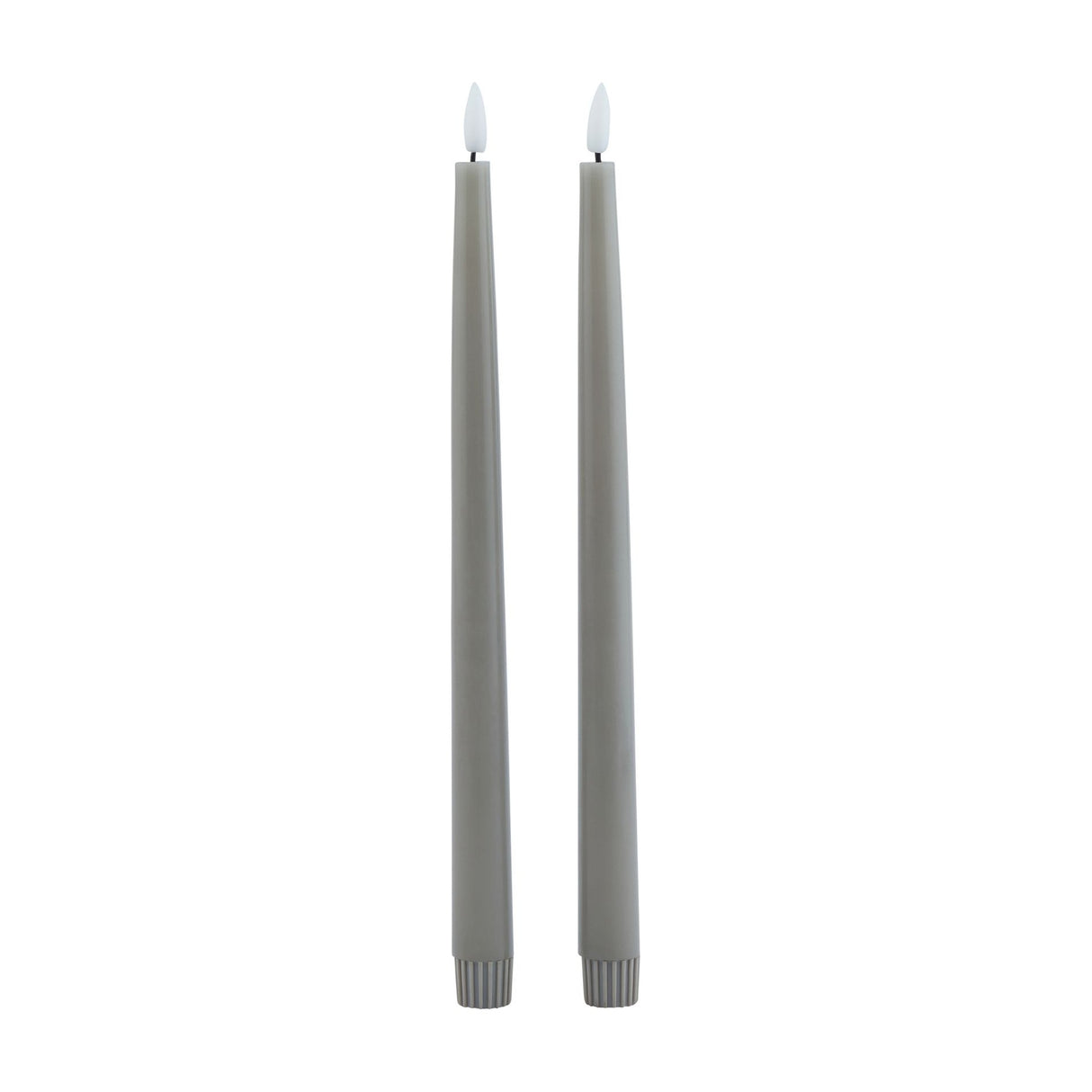 Hill Interiors Set of 2 LED Wax Dinner Candles in grey, tall slim tapers with flickering flame-effect tips and ribbed bases, shown on a plain white background.