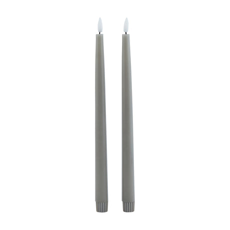 Hill Interiors Set of 2 LED Wax Dinner Candles in grey, tall slim tapers with flickering flame-effect tips and ribbed bases, shown on a plain white background.