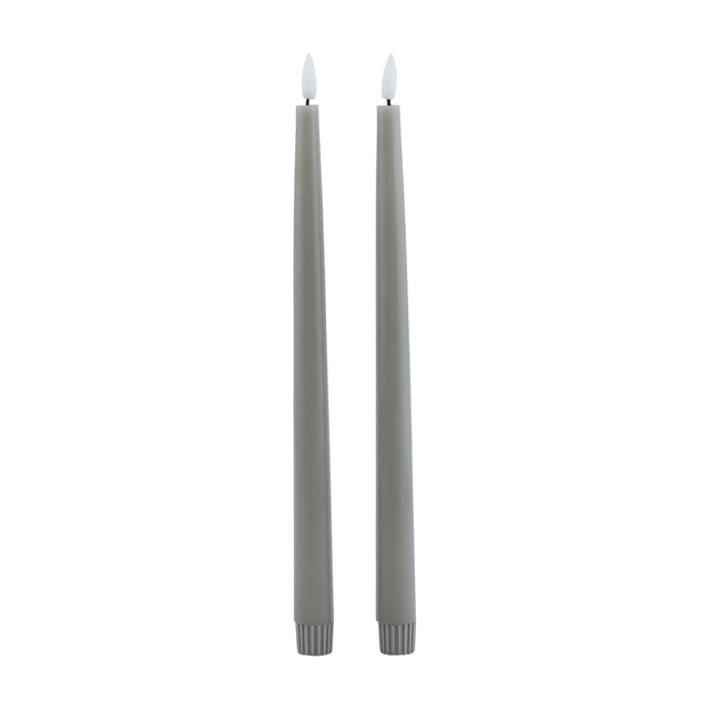 Hill Interiors Set of 2 LED Wax Dinner Candles in grey, tall slim tapers with flickering flame-effect tips and ribbed bases, shown on a plain white background.