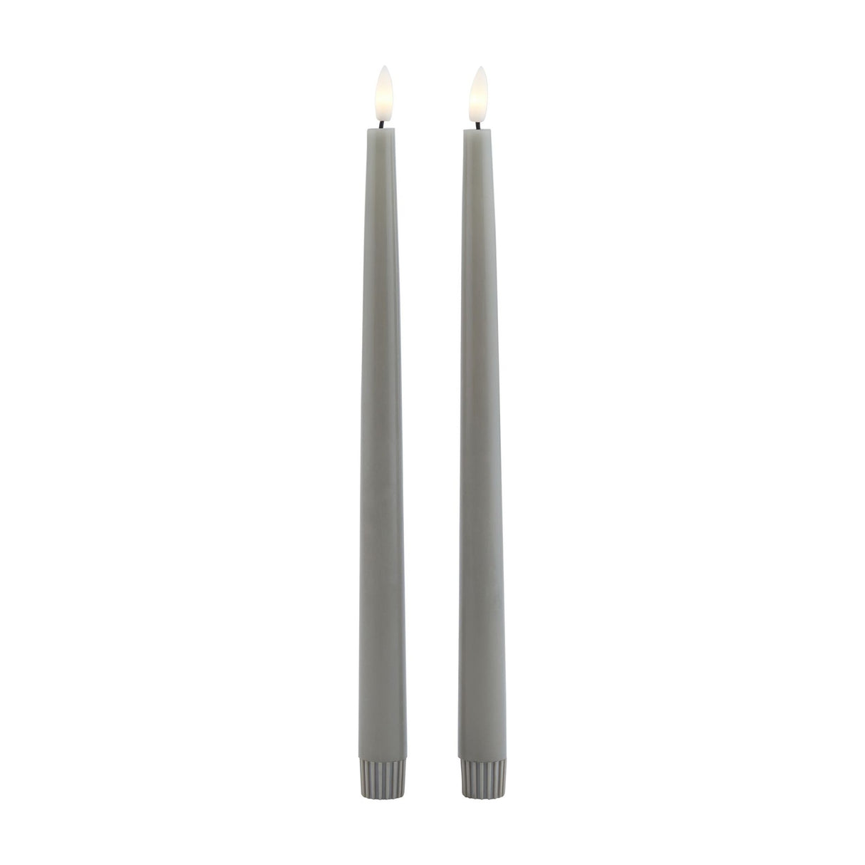 Hill Interiors set of two grey LED wax dinner candles, tall slim tapers with fluted bases and flickering flame tips, shown on a plain white background.