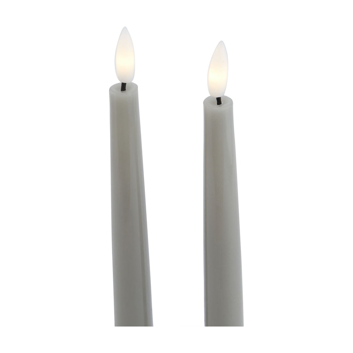 Hill Interiors Set of 2 LED Wax Dinner Candles in grey, tall slim tapers with flickering flame-effect LED tips, shown against a plain white background.