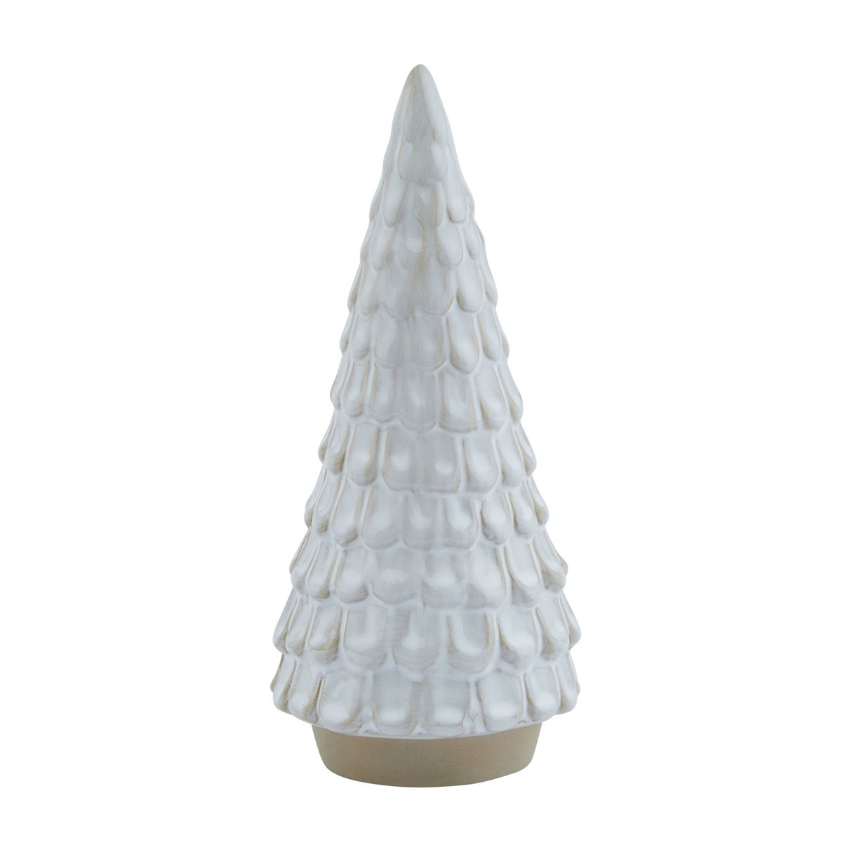 Hill Interiors Snowy Ceramic Spruce Tree in white with a textured, snow-dusted tapered form on a small natural base, shown against a plain white background.