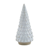 Hill Interiors Snowy Ceramic Spruce Tree in white with a textured, snow-dusted tapered form on a small natural base, shown against a plain white background.