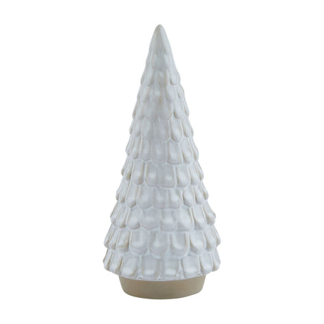 Hill Interiors Snowy Ceramic Spruce Tree in white with a textured, snow-dusted tapered form on a small natural base, shown against a plain white background.