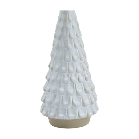 Hill Interiors Snowy Ceramic Spruce Tree in white with textured layered branches and a small unglazed base, shown against a plain background.