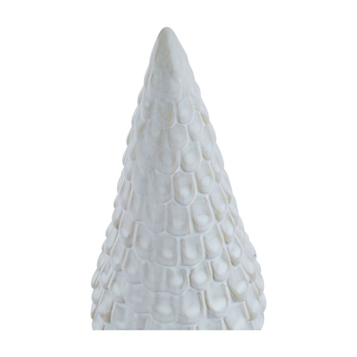 Hill Interiors Snowy Ceramic Spruce Tree in white with a tapered form and textured snow-dusted branches, shown against a plain white background.