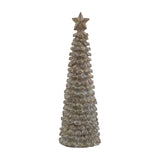 Hill Interiors medium cedar tree ornament in matt beige resin, shaped as a slender textured cone topped with a small star, on a plain white background.