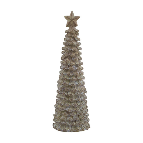 Hill Interiors medium cedar tree ornament in matt beige resin, shaped as a slender textured cone topped with a small star, on a plain white background.