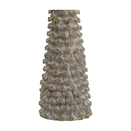 Hill Interiors medium cedar tree ornament in matt beige resin, showing the layered branch texture of its conical base against a white background.