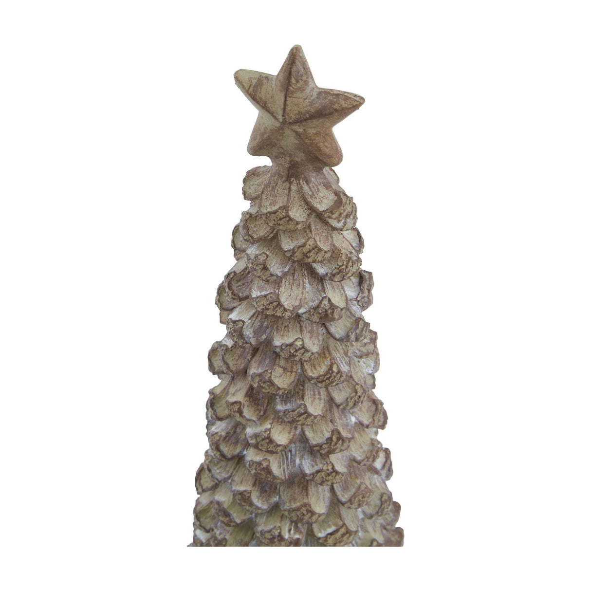 Close-up of Hill Interiors Medium Cedar Tree Ornament in matt beige resin, showing the layered branch texture and small star topper.