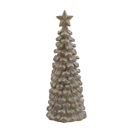 Hill Interiors Small Cedar Tree Ornament with Star in beige resin, featuring tiered fir branches topped with a star, shown on a plain white background.