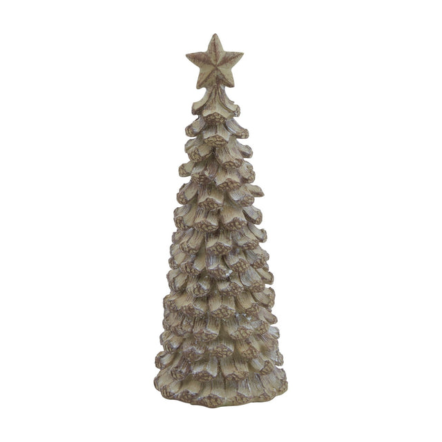 Hill Interiors Small Cedar Tree Ornament with Star in beige resin, featuring tiered fir branches topped with a star, shown on a plain white background.