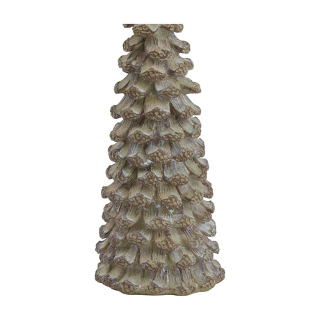Hill Interiors small cedar tree ornament in beige resin, showing the tiered, layered fir form on a plain white background.