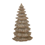 Hill Interiors medium pine tree sculpture in brown resin, shaped as a tiered conifer with layered textured branches tapering to a point, on a white background.