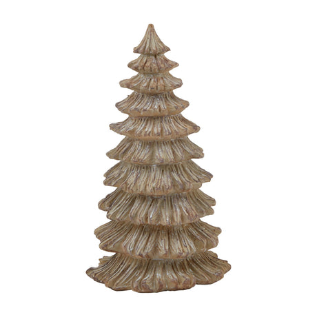 Hill Interiors medium pine tree sculpture in brown resin, shaped as a tiered conifer with layered textured branches tapering to a point, on a white background.