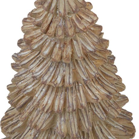 Close-up of Hill Interiors Medium Pine Tree Sculpture in brown with layered resin branches and moulded needle texture tapering upward on white.