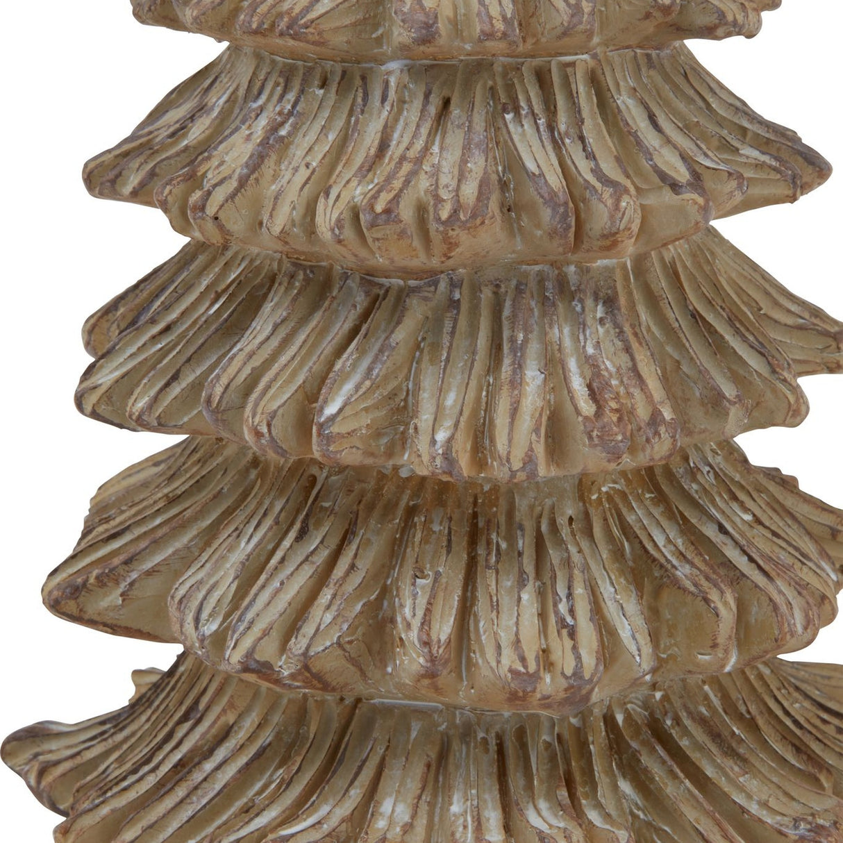 Close-up of Hill Interiors Medium Pine Tree Sculpture in brown resin, showing layered conifer tiers with detailed moulded needle texture and warm bark tones.